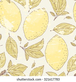 Vintage seamless pattern with hand drawn lemon and leaves. Doodle fruit background for packaging or kitchen design. Scratched backdrop. Vector illustration