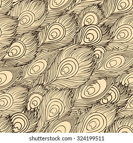 Vintage seamless pattern with hand drawn peacock feathers
