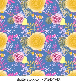 Vintage  seamless pattern. Hand drawn flowers blooming rose. 