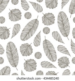 Vintage seamless pattern with hand drawn elements. Leaves, drops and circles shapes.