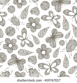Vintage seamless pattern with hand drawn beetles, leaves and butterflies. Forest background.
