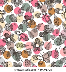Vintage seamless pattern with hand drawn beetles, leaves and butterflies. Forest background.