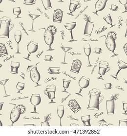 Vintage seamless pattern with hand drawn cocktails and drinks. Vector illustration