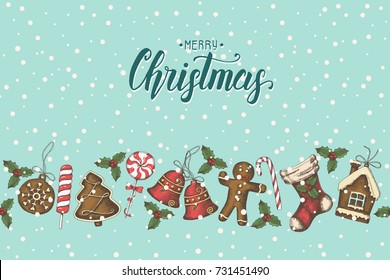 Vintage seamless pattern with hand drawn christmas objects and hand made lettering "Merry Christmas". Sketch. Christmas background can be used for wallpaper, web page background, banner, textile
