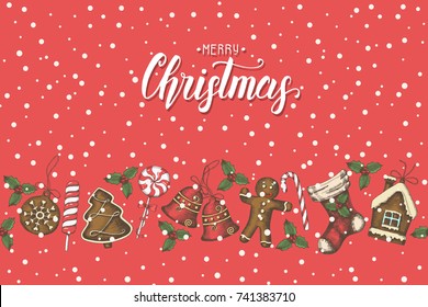 Vintage seamless pattern with hand drawn christmas objects and hand made lettering "Merry Christmas". Sketch. Christmas background can be used for wallpaper, web page background, banner, textile
