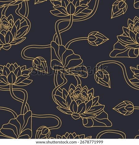 Vintage seamless pattern with hand drawn golden lotus flower on black background. Water lily art nouveau repeat background