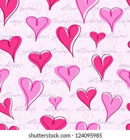 Vintage Seamless Pattern with  Hand Writing Text and Hearts Background. Valentine Vector