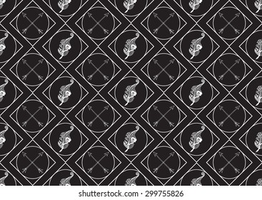 Vintage seamless pattern with hand-drawn feathers and arrows. Vector illustration.