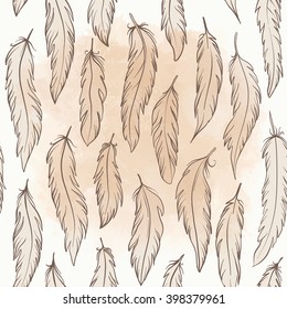 Vintage seamless pattern with hand-drawn feathers. Vector illustration.