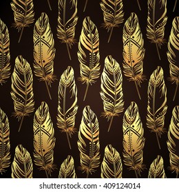 Vintage seamless pattern with hand-drawn feathers. Vector illustration. Ornamental Boho Style. Tattoo template. Trendy hand drawn tribal boho pattern. Hippie design in gold over black.