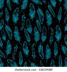 Vintage seamless pattern with hand-drawn feathers. Ornamental Boho Style. Hippie design.Can be used for fabric design, paper design, textiles, background.Tattoo template. Vector Isolated.