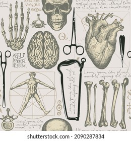 Vintage seamless pattern with hand-drawn human organs, bones, skull, surgical instruments and handwritten text lorem ipsum on an old paper backdrop. Vector background with sketches on a medical theme