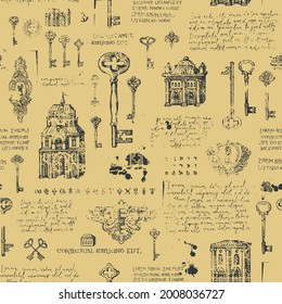 Vintage seamless pattern with hand-drawn keys, keyholes and old buildings in grunge style. Abstract vector background with sketches and handwritten text lorem ipsum. Wallpaper, wrapping paper, fabric