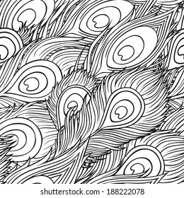 Vintage seamless pattern with hand-drawn peacock feathers