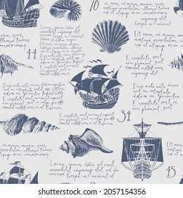 Vintage seamless pattern with hand-drawn seashells, antique ships and handwritten text Lorem ipsum. Monochrome vector background on the theme of sea adventures. Wallpaper, wrapping paper, fabric