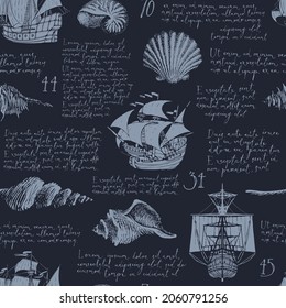 Vintage seamless pattern with hand-drawn seashells, antique ships and handwritten Lorem ipsum text. Dark monochrome vector background, wallpaper, wrapping paper or fabric on a theme of sea adventures