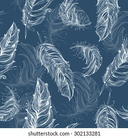 Vintage seamless pattern with hand-drawn stylized feathers. Vector illustration.