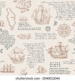 Patrón inmaculado vintage con texto escrito a mano Lorem ipsum y barcos de vela, islas, brújulas dibujadas a mano sobre un papel antiguo. Repitiendo el fondo vectorial sobre el tema de los viajes por mar y la aventura