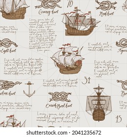 Vintage nahtloses Muster mit handgeschriebenem Text Lorem ipsum und handgezeichnete Segelboote, verschiedene Seeknoten, Anker auf altem Papier. Wiederholter Vektorhintergrund zum Thema Meeresreisen und Abenteuer