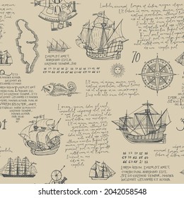 Vintage seamless pattern with handwritten text Lorem ipsum and hand-drawn sailing ships, compasses, islands on an old paper. Monochrome vector background on the theme of adventure and sea travel