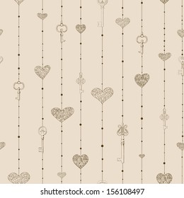 Vintage seamless pattern with hanging keys and hearts. Eps 10
