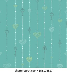 Vintage seamless pattern with hanging keys and hearts. Eps 10