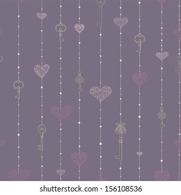 Vintage seamless pattern with hanging keys and hearts. Eps 10