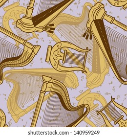 Vintage seamless pattern of harp and lyre