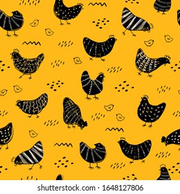 Vintage seamless pattern of hens. Easter Texture with chicken.
Hand drawn vector illustration for fabric print, wrapping paper, wallpaper, greeting card, kitchen decoration.