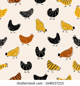 Vintage seamless pattern of hens. Easter texture with chicken.
Hand drawn vector illustration for fabric print, wrapping paper, wallpaper, greeting card, kitchen decoration.