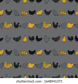 Vintage seamless pattern of hens. Easter Texture with chicken.
Hand drawn vector illustration for fabric print, wrapping paper, wallpaper, greeting card, kitchen decoration.