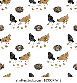 Vintage seamless pattern of hens. Easter Texture with chicken.
Hand drawn vector illustration for fabric print, wrapping paper, wallpaper, greeting card, kitchen decoration.