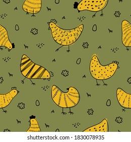 Vintage seamless pattern of hens. Easter Texture with chicken.
Hand drawn vector illustration for fabric print, wrapping paper, wallpaper, greeting card, kitchen decoration.