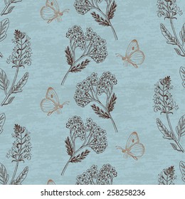 Vintage seamless pattern with herbs on a blue background. Vector illustration for your design