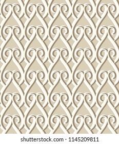 Vintage seamless pattern, herringbone ornament, swirly vector background in beige color