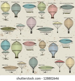 Vintage  seamless pattern of hot air balloons and airships ,  background. Seamless pattern can be used for wallpaper, pattern fills, web page background,surface textures. Gorgeous seamless  background