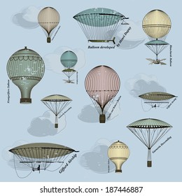 Vintage  seamless pattern of hot air balloons and airships ,  background. Seamless pattern can be used for wallpaper, pattern fills, web page background,surface textures. Gorgeous seamless  background