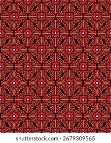Vintage seamless pattern in hot colors. Art forms are grouped and arranged in a specific order. Vector image for print, textile, packaging, interior design and your other projects.