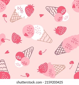 Vintage seamless pattern with ice cream and berries. Retro groovy print for fabric, paper, T-shirt. Aesthetic vector background for decor and design.

