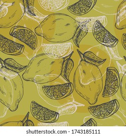 Vintage seamless pattern with ink hand drawn citrus fruits sketch pattern background