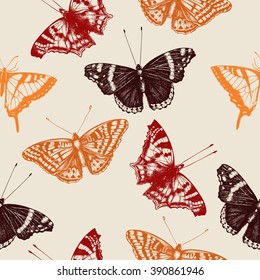 Vintage seamless pattern with Ink hand drawn  butterflies illustration. Vector background with highly detailed  moth  sketch