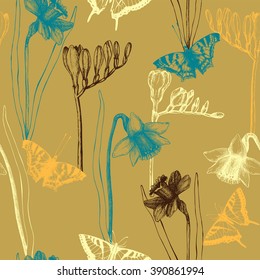 Vintage seamless pattern with Ink hand drawn  butterflies, freesia and daffodil  illustration. Vector background with highly detailed  moth and flowers sketch 