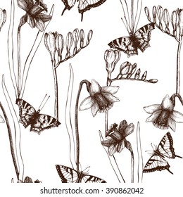 Vintage seamless pattern with Ink hand drawn  butterflies, freesia and daffodil  illustration. Vector background with highly detailed  moth and flowers sketch 