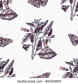 Vintage seamless pattern with Ink hand drawn Poligonia butterflies illustration and Belladonna flower sketch. Vector background with highly detailed moth and poisonous plant sketch