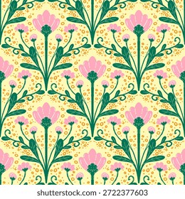 vintage padrão sem emenda inspirado em motivos florais art nouveau, apresentando elegante botânico com linhas ornamentadas e simetria, perfeito para têxtil, papel de parede, embalagem, tecido e design de papelaria