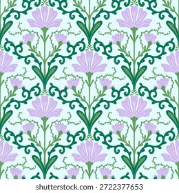 vintage padrão sem emenda inspirado em motivos florais art nouveau, apresentando elegante botânico com linhas ornamentadas e simetria, perfeito para têxtil, papel de parede, embalagem, tecido e design de papelaria