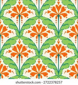 vintage padrão sem emenda inspirado em motivos florais art nouveau, apresentando elegante botânico com linhas ornamentadas e simetria, perfeito para têxtil, papel de parede, embalagem, tecido e design de papelaria