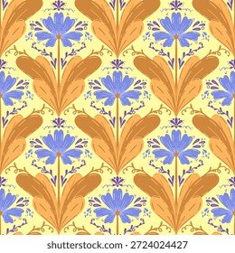 vintage padrão sem emenda inspirado em motivos florais art nouveau, apresentando elegante botânico com linhas ornamentadas e simetria, perfeito para têxtil, papel de parede, embalagem, tecido e design de papelaria
