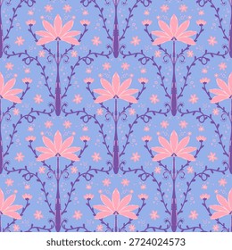 vintage padrão sem emenda inspirado em motivos florais art nouveau, apresentando elegante botânico com linhas ornamentadas e simetria, perfeito para têxtil, papel de parede, embalagem, tecido e design de papelaria