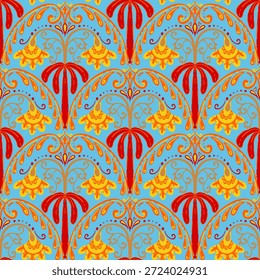vintage seamless pattern inspired by art nouveau floral motifs, featuring elegant botanical with ornate lines and symmetry, perfect for textile, wallpaper, packaging, fabric, and stationery design